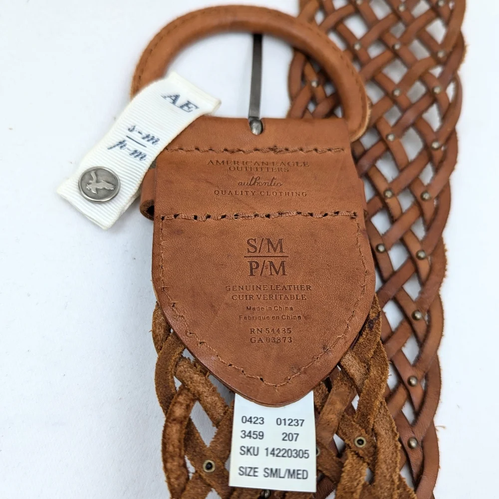 American Eagle Wide Leather Belt Woven Studded Braided Boho Cognac Brown S/M NWT